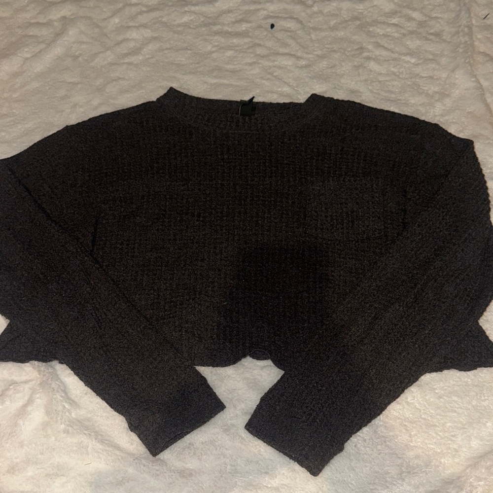 Women's Dark Grey Waffle Cropped Sweater